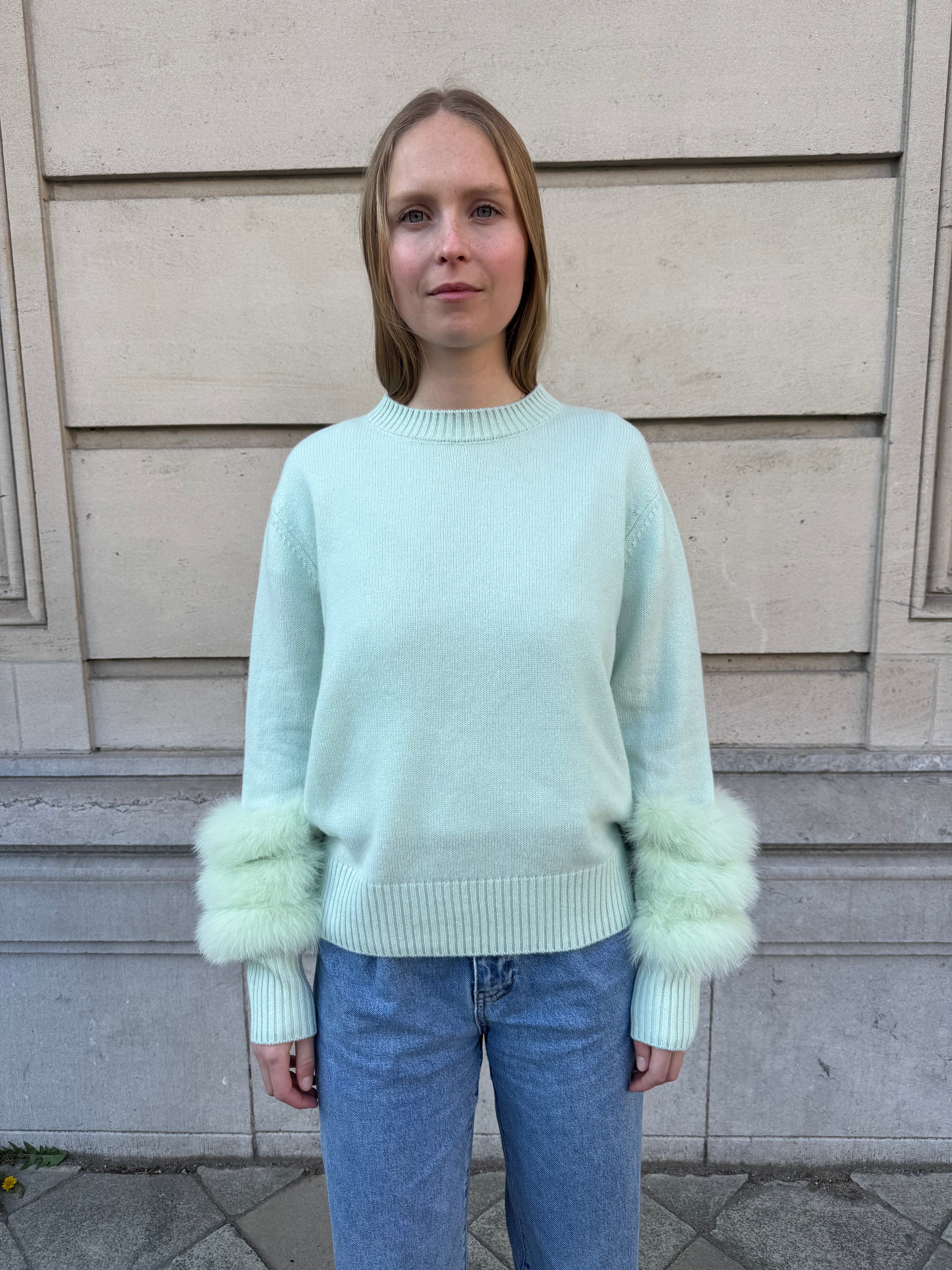Montaigne Cashmere Sweater with Fox Fur Sleeves Mint Green
