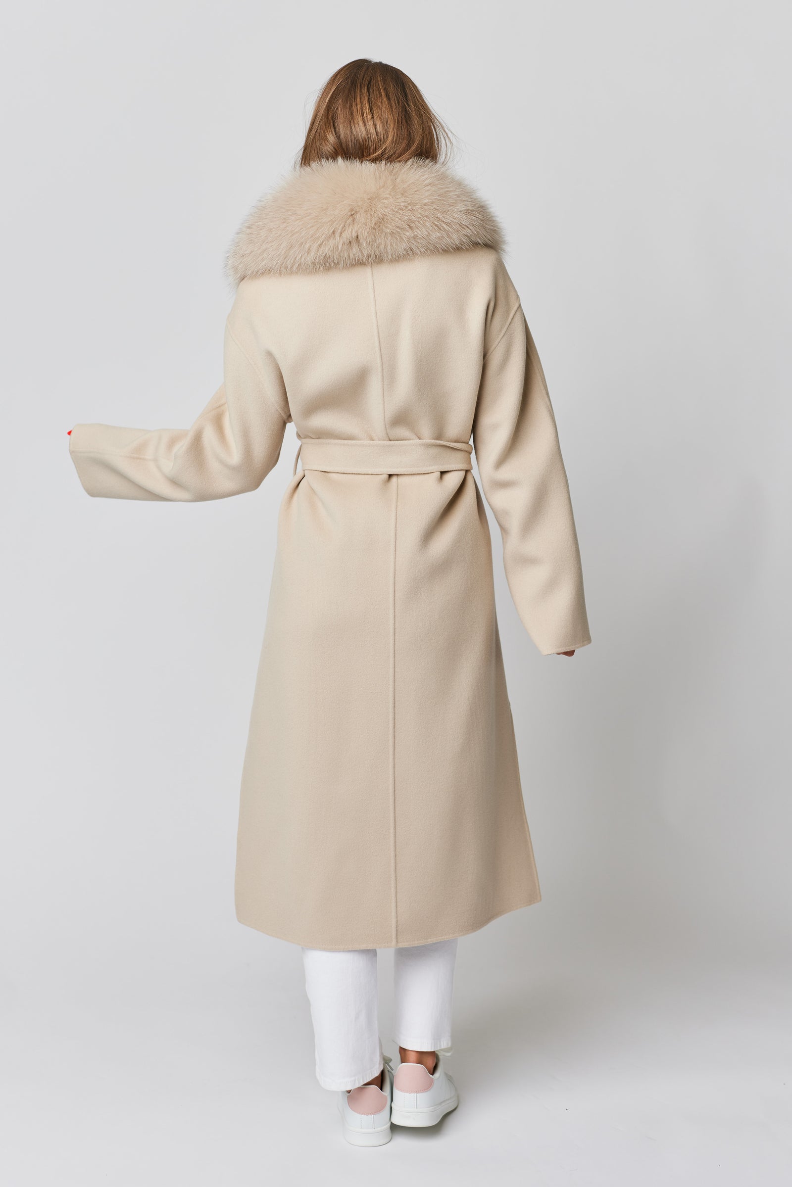 Victoire II Long Cashmere Coat with Fox Fur Collar Beige
