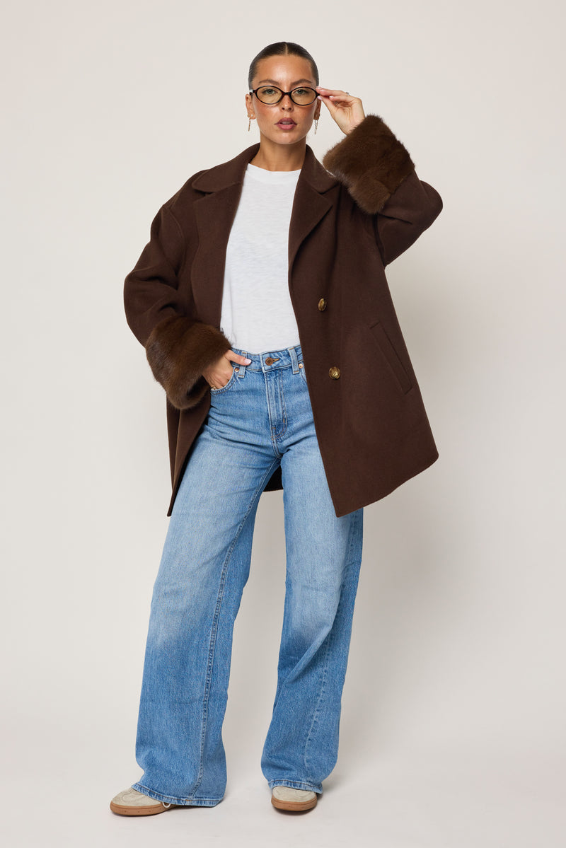 Faubourg Cashmere Coat with Mink Fur Sleeves Greige | Constance