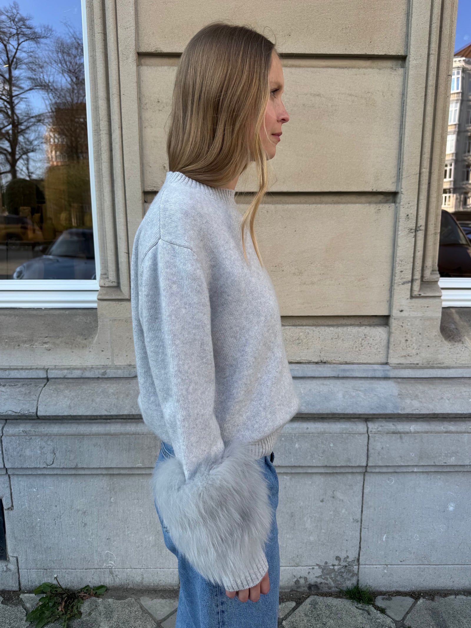 Montaigne Cashmere Sweater with Fox Fur Sleeves Light Grey 