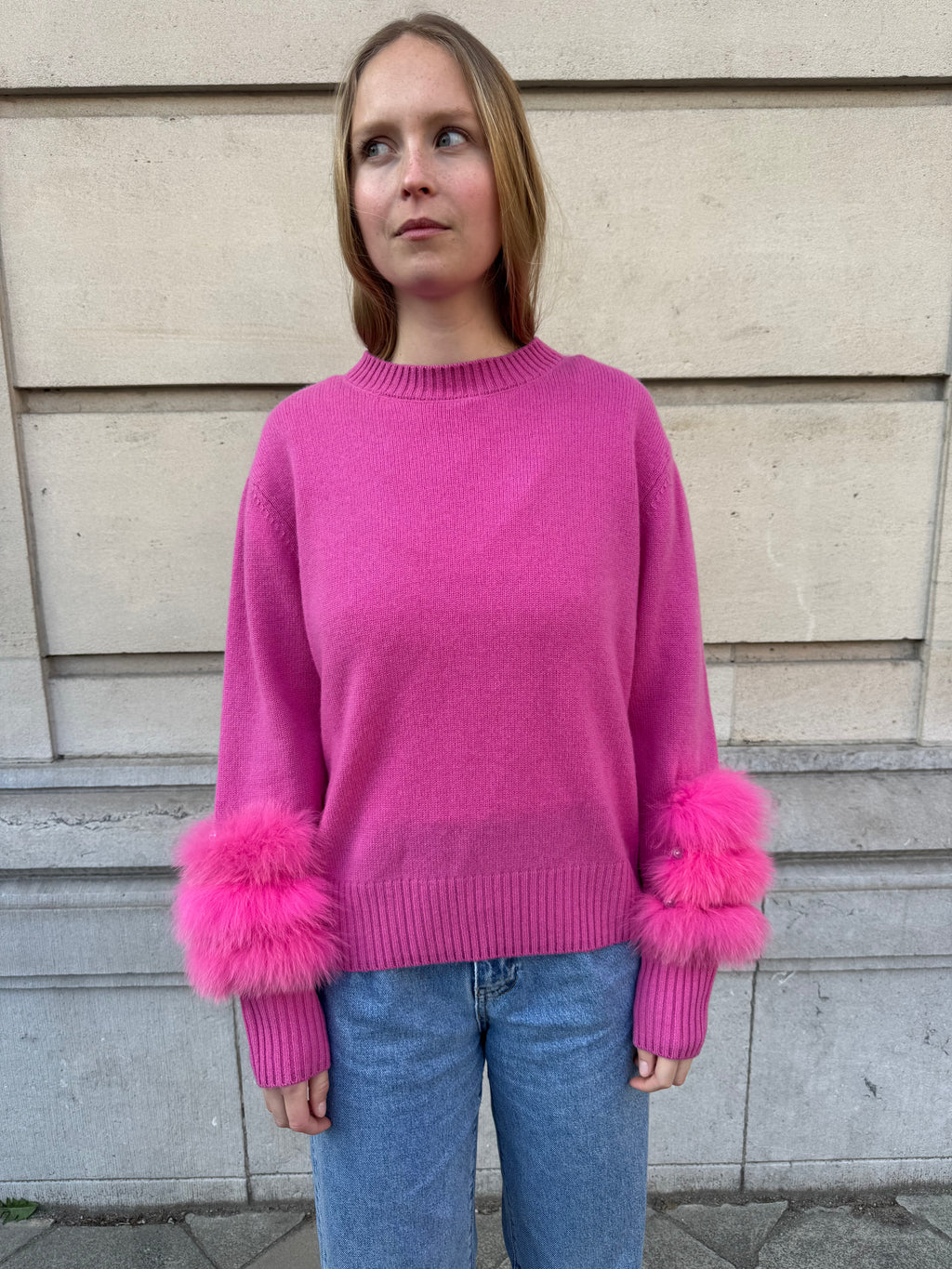 Montaigne Cashmere Sweater with Fox Fur Sleeves Fuschia