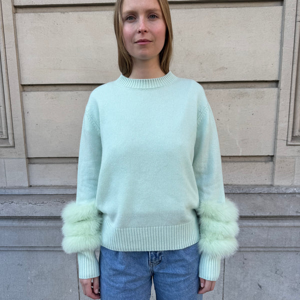 Montaigne Cashmere Sweater with Fox Fur Sleeves Mint Green