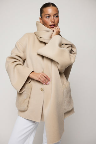 beige cashmere coat with scarf and mink fur pockets
