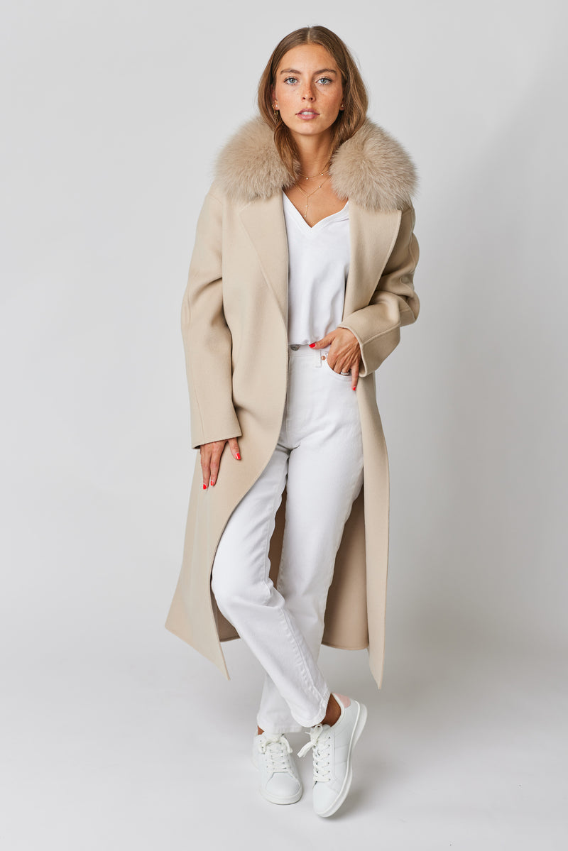 Victoire II Long Cashmere Coat with Fox Fur Collar Beige