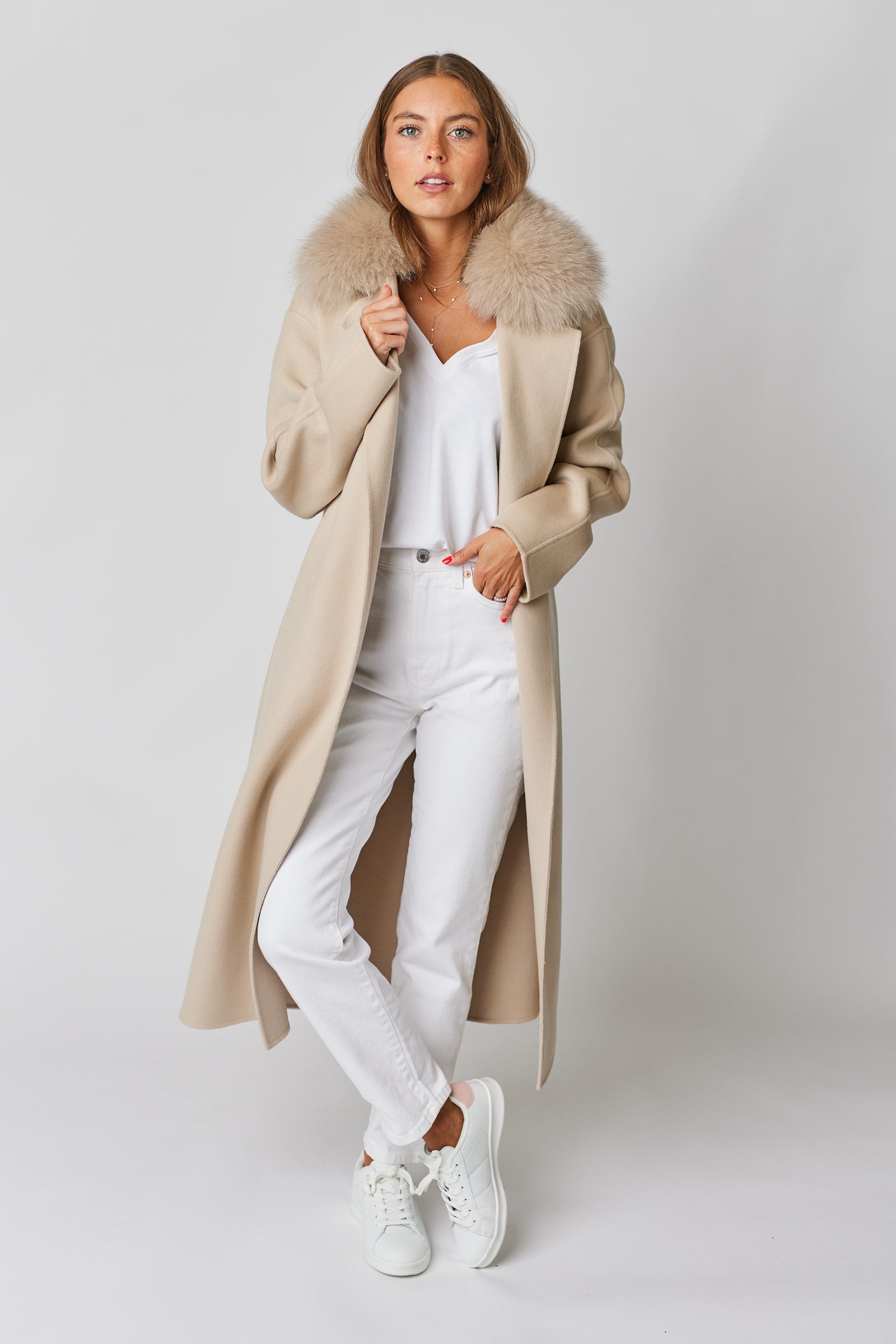 Victoire II Long Cashmere Coat with Fox Fur Collar Beige