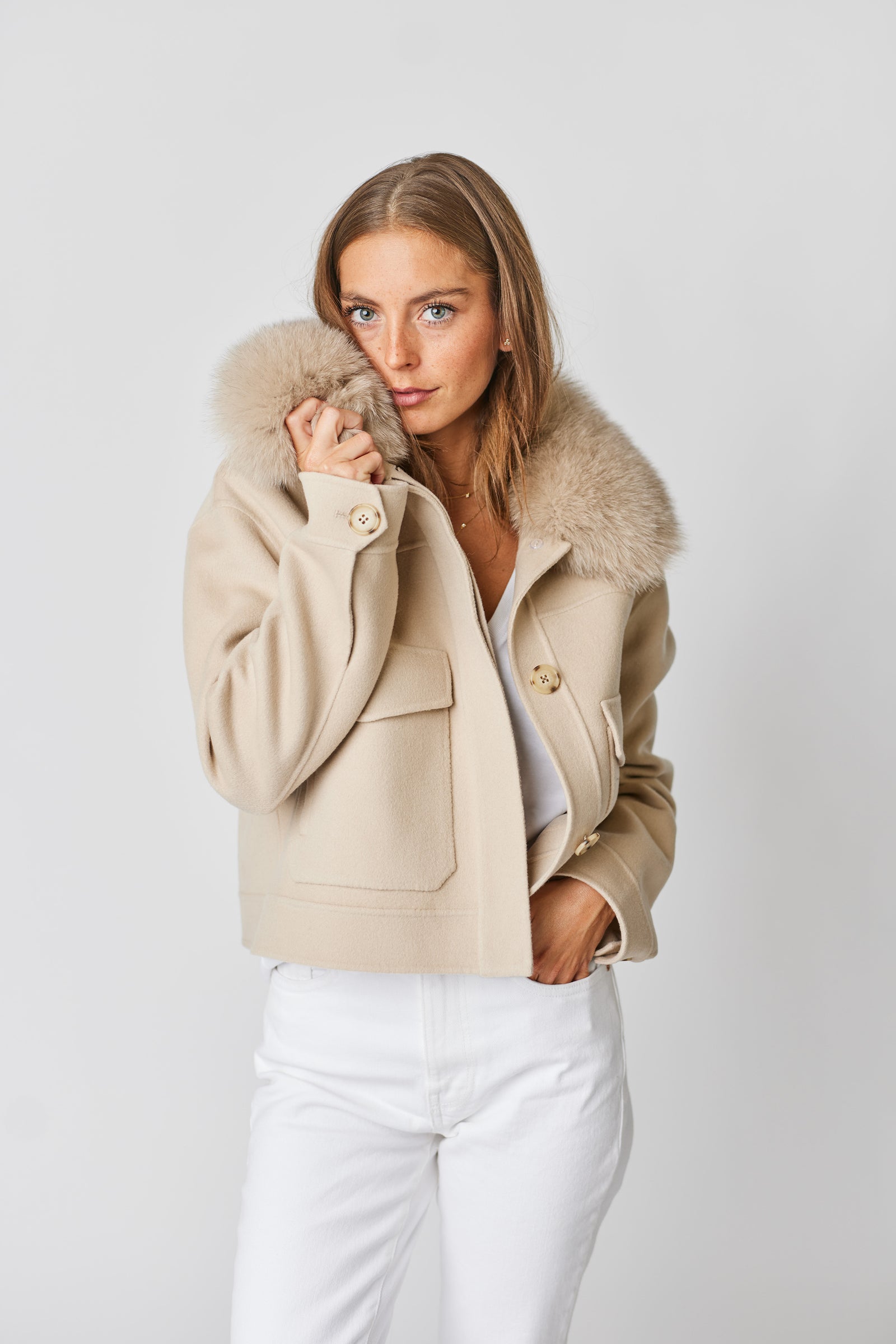 Annabel Cashmere Jacket with Detachable Fox Fur Collar Beige