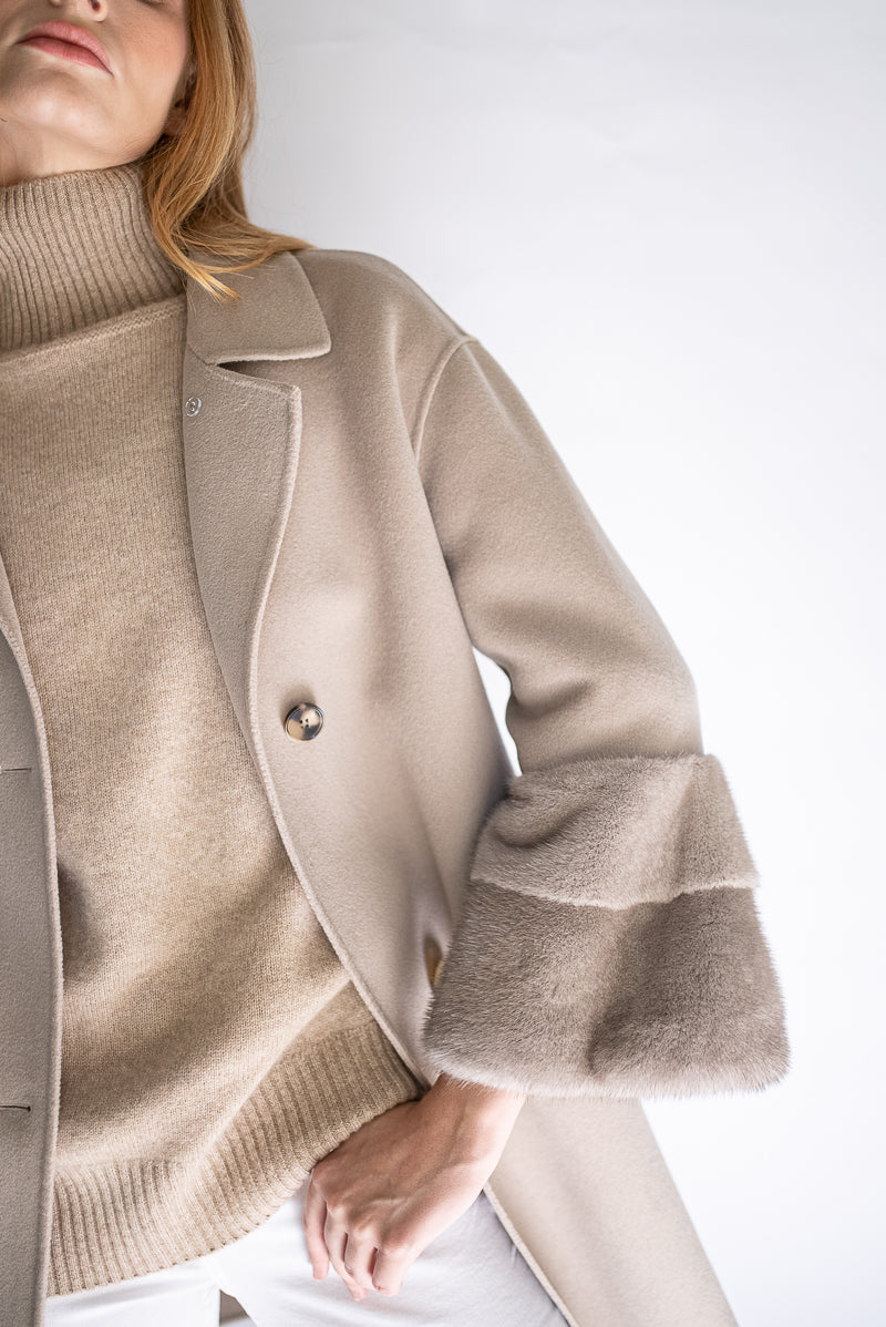 beige cashmere coat with mink fur