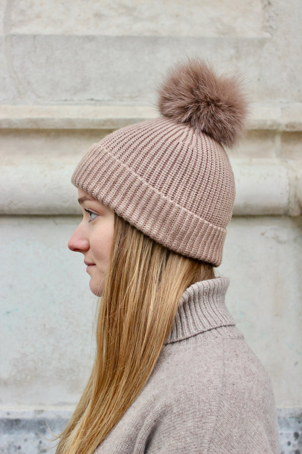 Wool and cashmere hat with real fox fur pompom pompon hat pompom hat