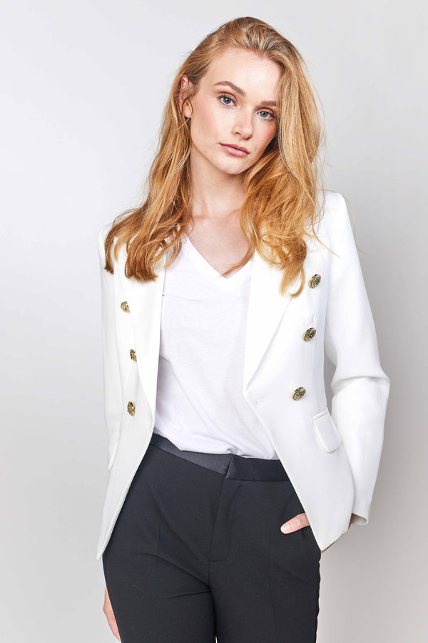 White luxurious blazer with gold buttons balmain style blazer. Blazer blanc style balmain avec boutons dorés