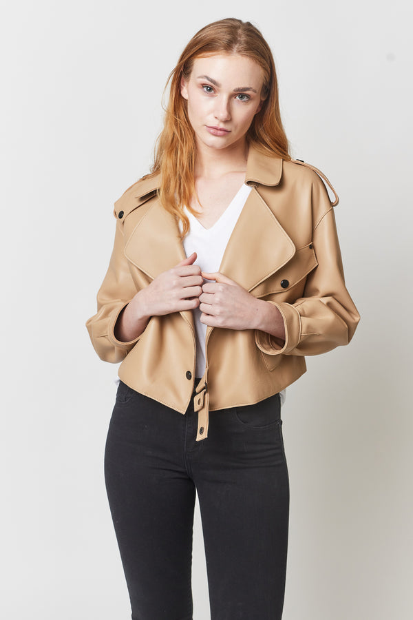 Leather jacket beige for women mid season jacket - veste en cuir beige pour femme