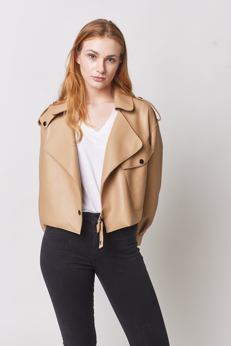 Leather jacket beige for women mid season jacket - veste en cuir beige pour femme