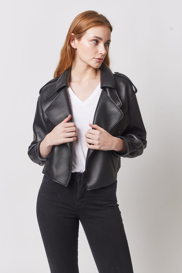 Mid season leather jacket in black for women - veste en cuir noir pour femme