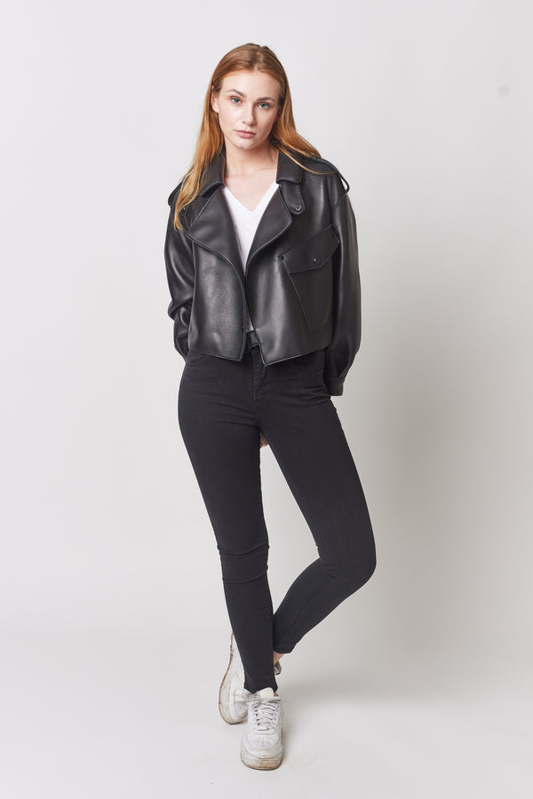 Mid season leather jacket in black for women - veste en cuir noir pour femme