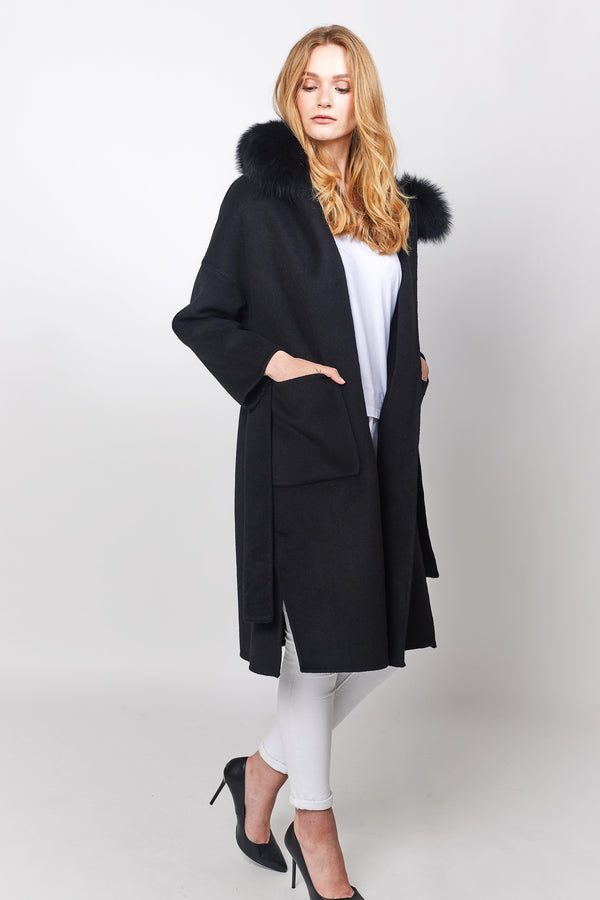 Long black cashmere coat with fox fur hood collar