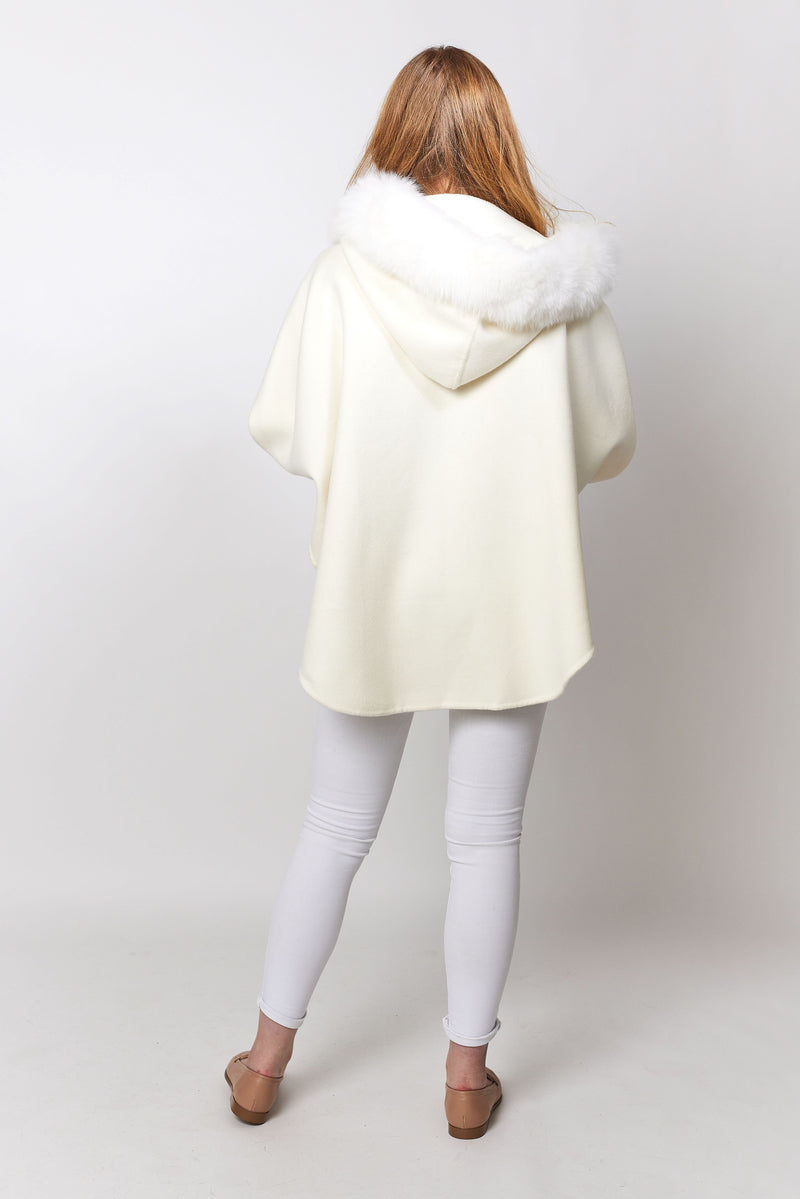 Constance The Label - megève cashmere cape with real fox fur in ivory white