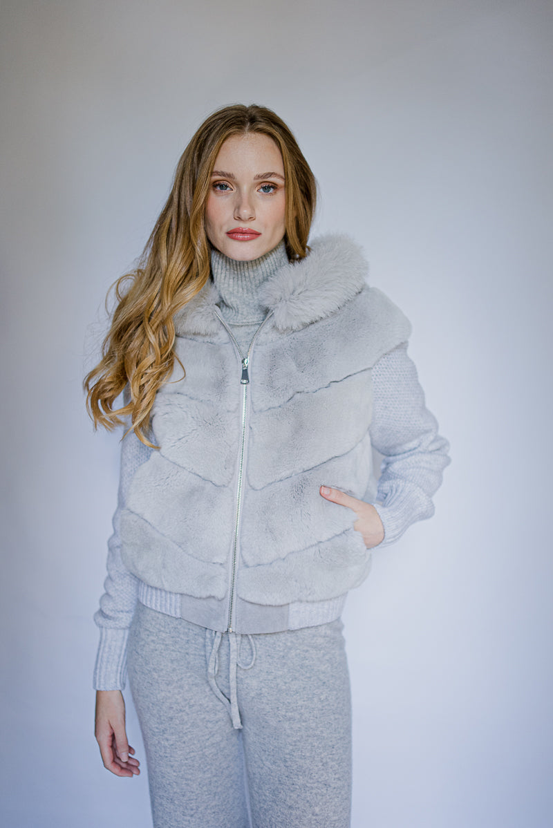 rex rabbit jacket with fox fur hood in light grey collor with cashmere knitted details