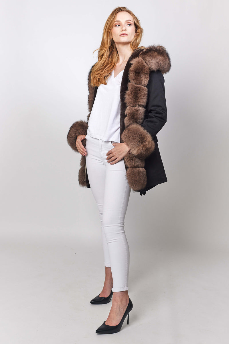 black parka for women with real fox fur hood, real fox fur collar and rex rabbit lining