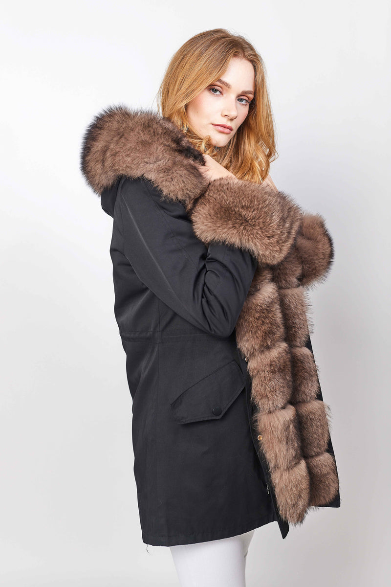 black parka for women with real fox fur hood, real fox fur collar and rex rabbit lining