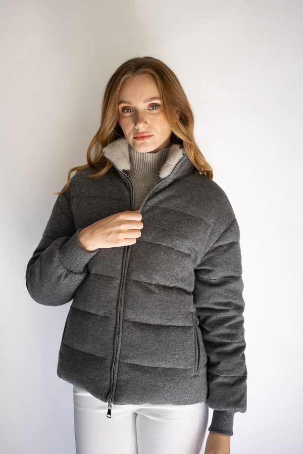 reversible cashmere knitted puffer jacket with mink fur collar