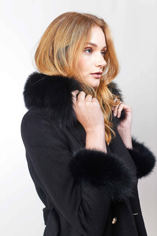  Long black cashmere coat with fox fur collar and fox fur cuffs