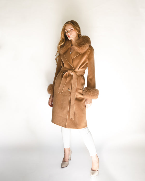 long cashmere coat with gold buttons and fur collar and fur cuffs