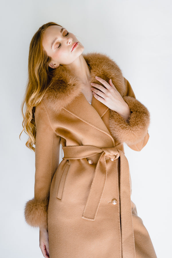 cashmere coat in camel color with detachable fox fur collar and detachable fox fur cuffs