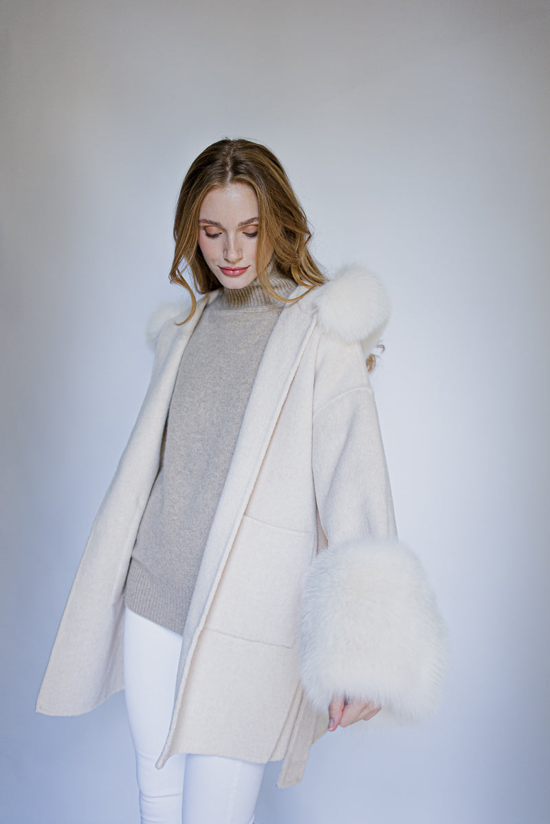 belted cashmere coat with fox fur hood and cuffs