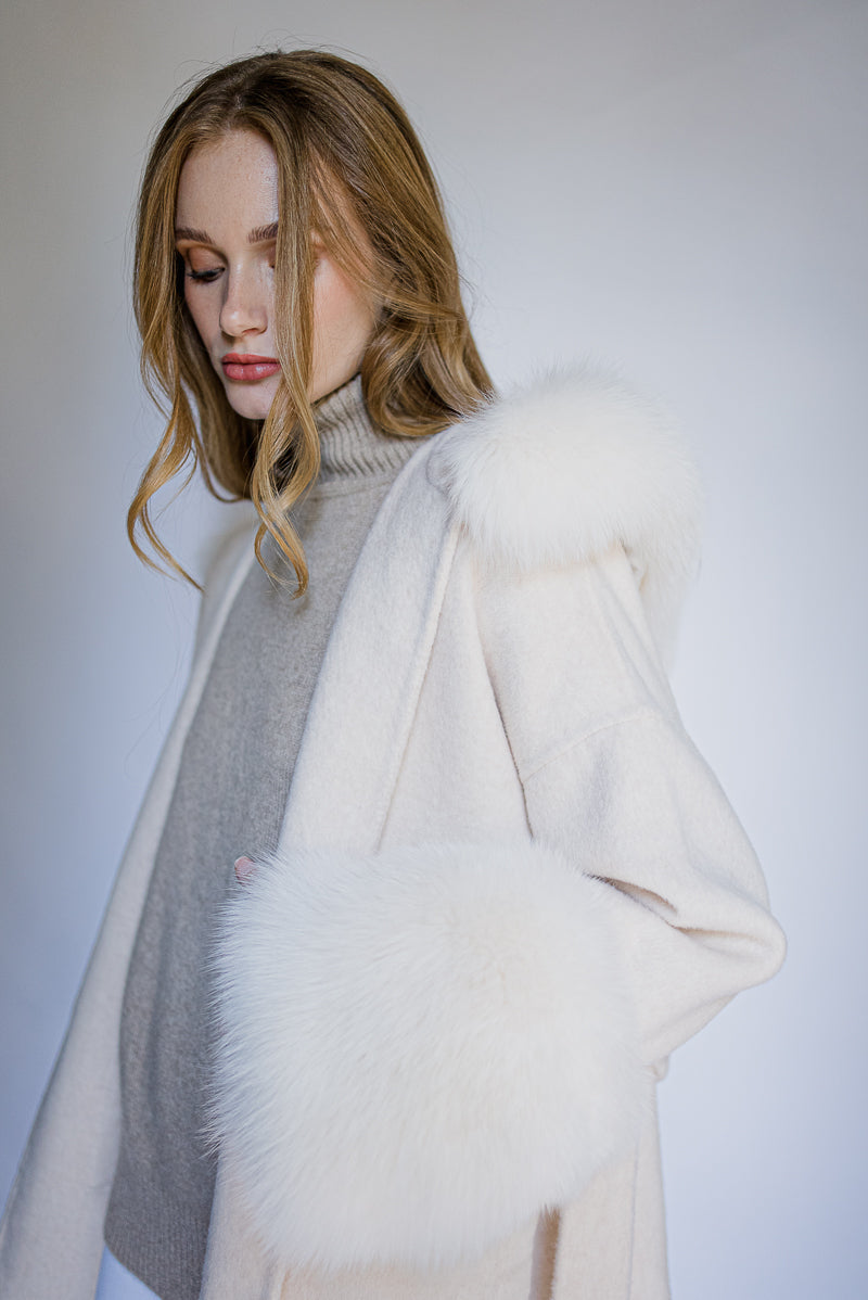 big fox fur cuffs on beige cashmere coat for winter 