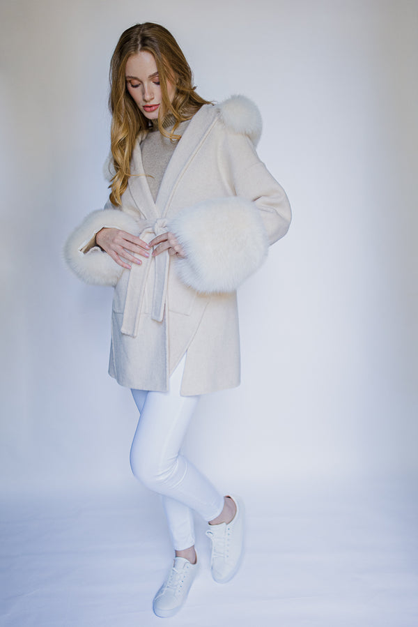 cashmere coat with big fluffy real fox fur details