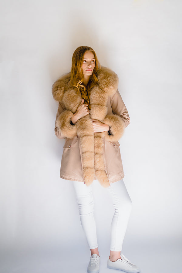 beige parka with real fox fur