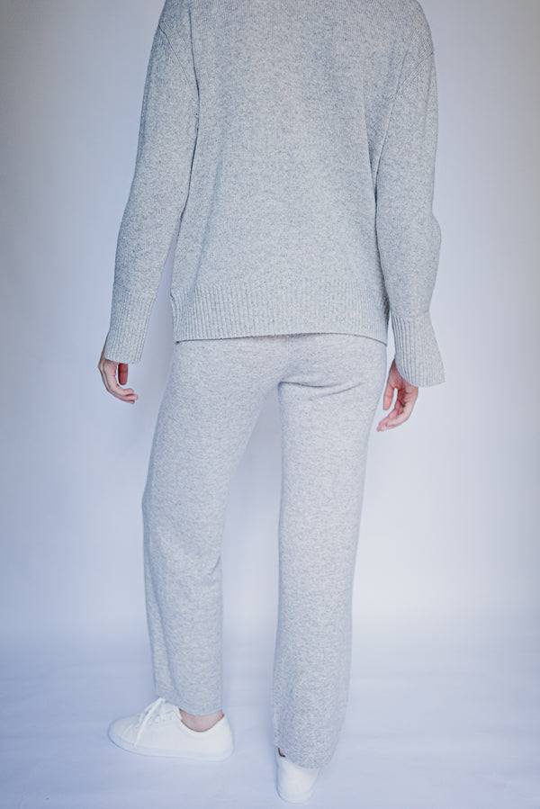 back of our cashmere pants in grey to match with cashmere boyfriend turtleneck