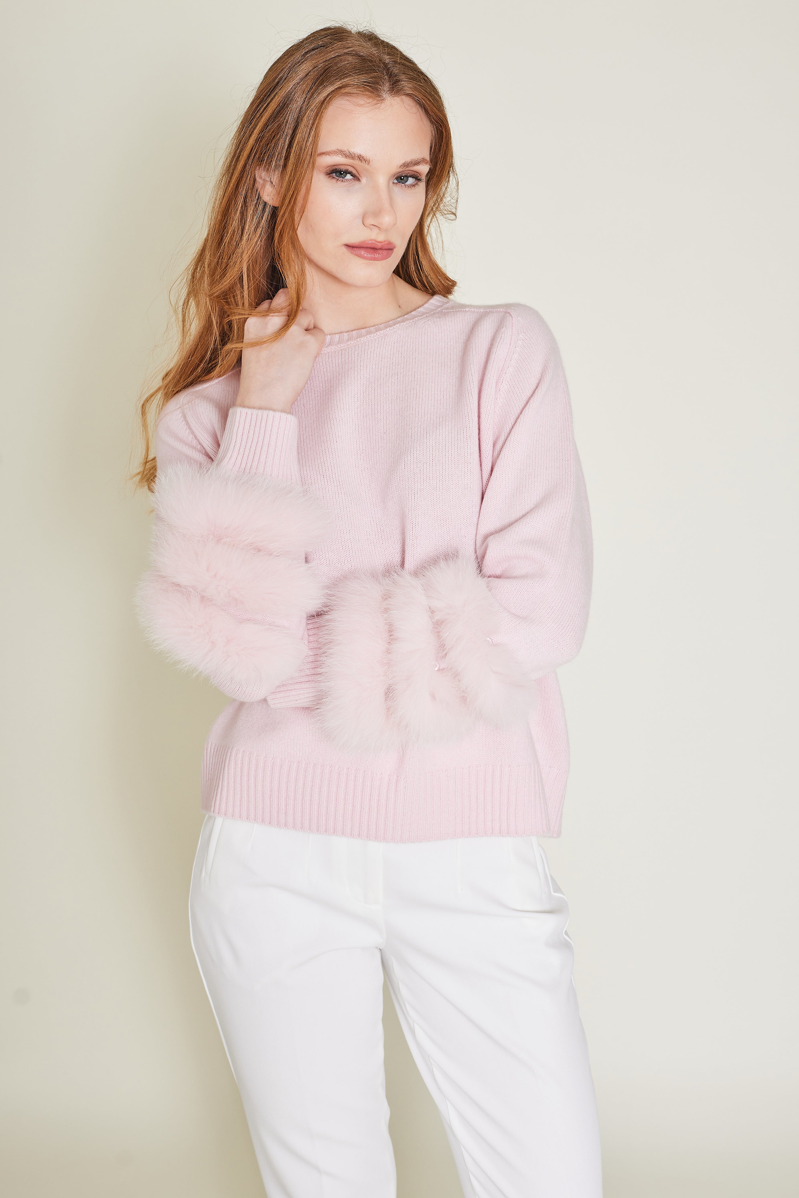 cashmere sweater with fox fur sleeves