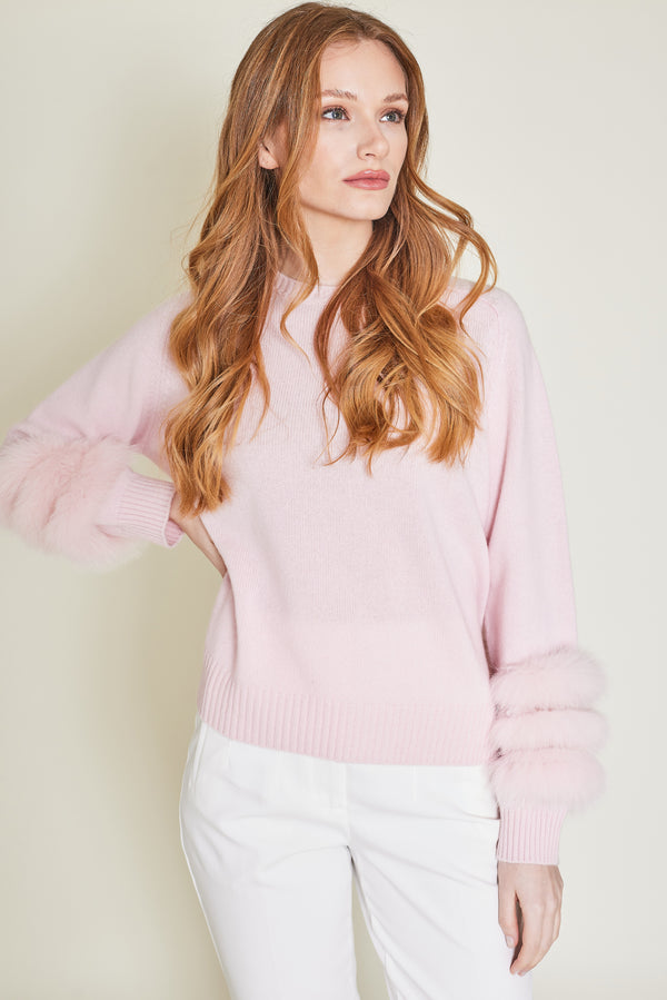 cashmere round neck sweater for women in baby cashmeree in pink for spring