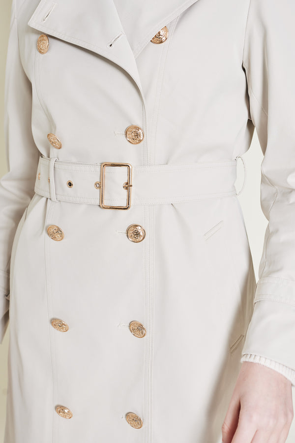 long beige trenhc coat for women with gold buttons for spring