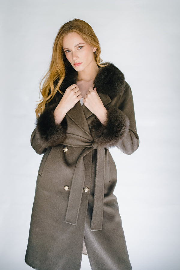 army green cashmere coat with gold buttons and fox fur collar and fox fur cuffs