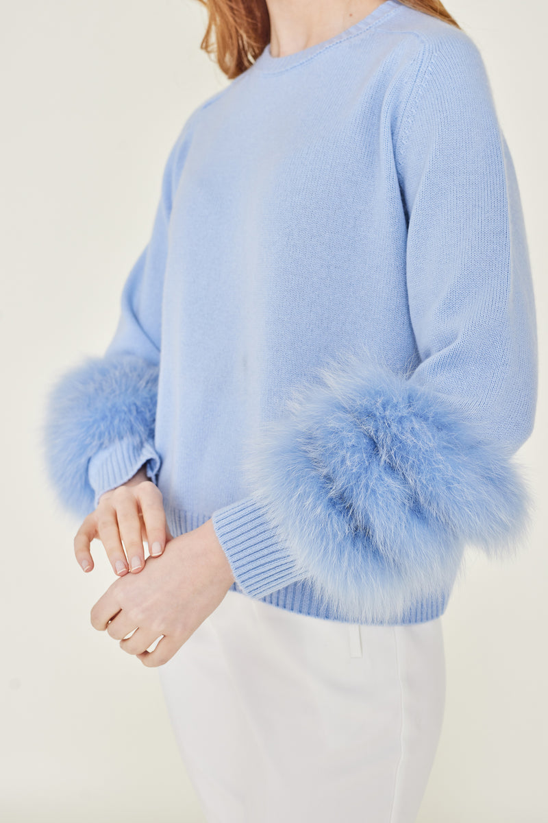 Blue Detachable Fox Fur Trimmed Ribbed Knit Sweater
